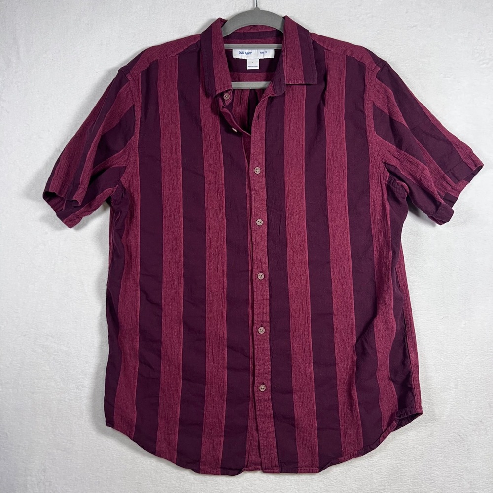 Old Navy Mens Slim Fit Cotton Linen Stripe Short Sleeve Button Down Shirt Large